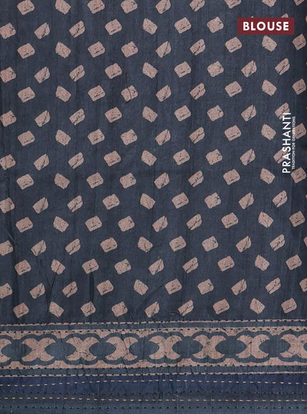 Semi tussar saree dark peacock green with allover prints and kantha stitch work border