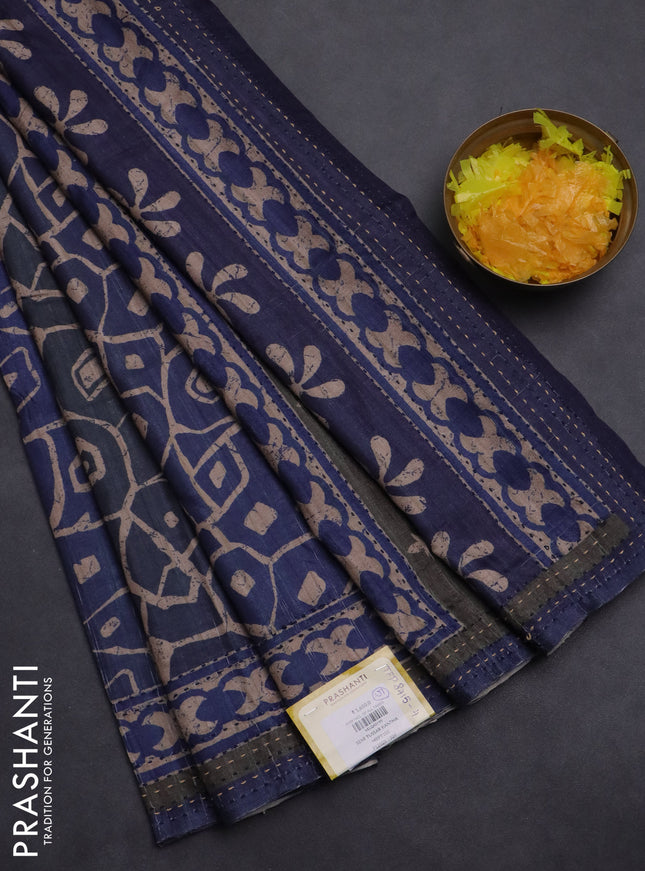 Semi tussar saree blue with allover prints and kantha stitch work border