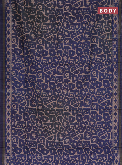 Semi tussar saree blue with allover prints and kantha stitch work border