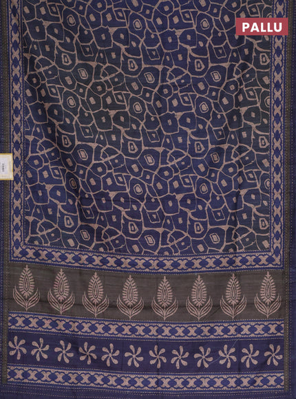 Semi tussar saree blue with allover prints and kantha stitch work border