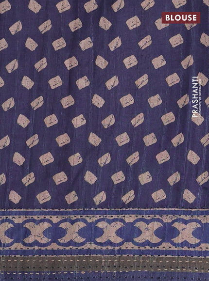 Semi tussar saree blue with allover prints and kantha stitch work border