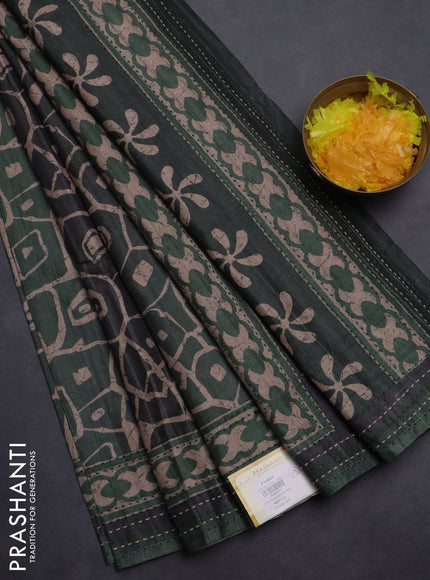 Semi tussar saree dark green with allover prints and kantha stitch work border