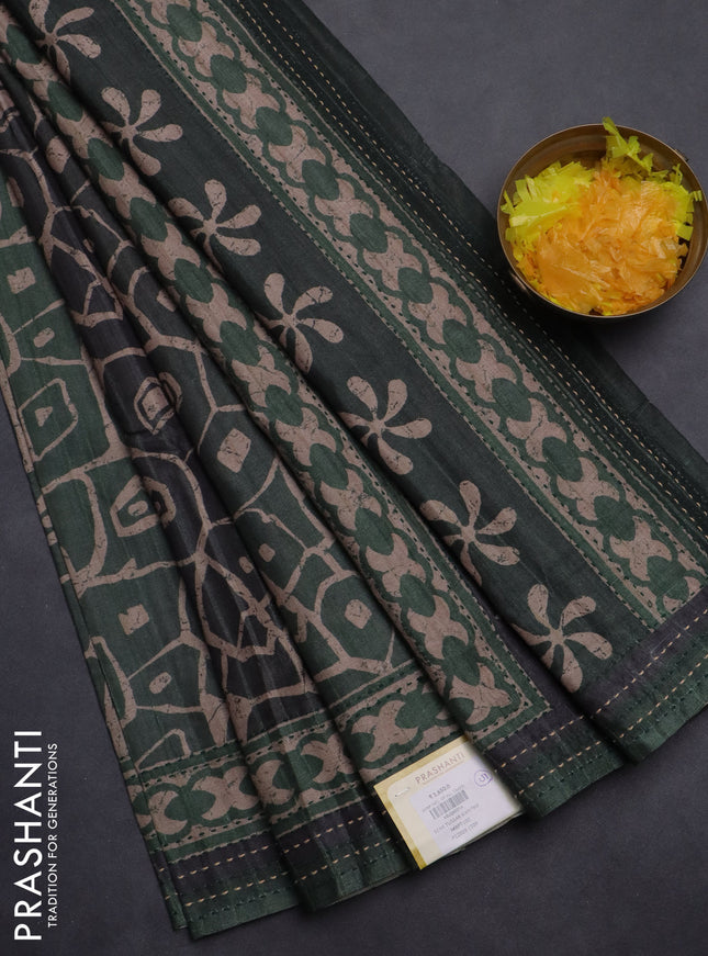 Semi tussar saree dark green with allover prints and kantha stitch work border