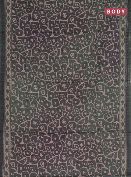 Semi tussar saree dark green with allover prints and kantha stitch work border