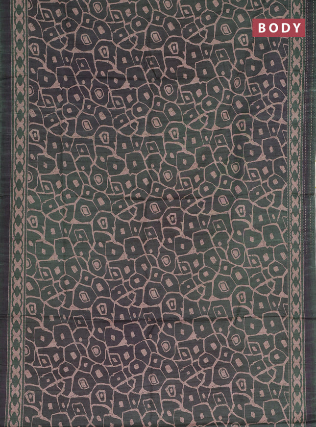 Semi tussar saree dark green with allover prints and kantha stitch work border