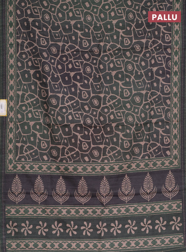 Semi tussar saree dark green with allover prints and kantha stitch work border
