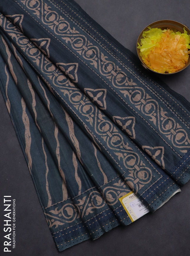 Semi tussar saree dark peacock green with allover stripes pattern and kantha stitch work border
