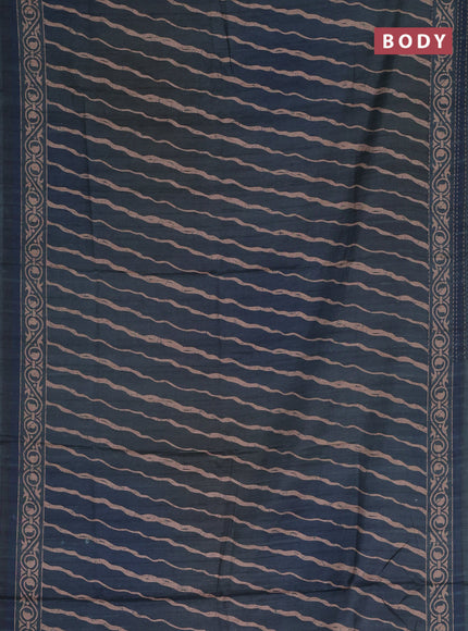 Semi tussar saree dark peacock green with allover stripes pattern and kantha stitch work border