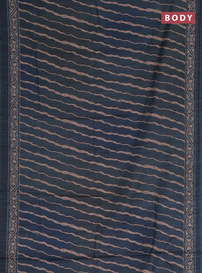 Semi tussar saree dark peacock green with allover stripes pattern and kantha stitch work border