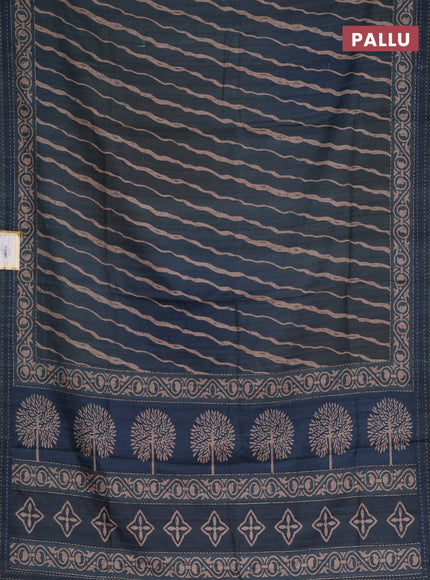 Semi tussar saree dark peacock green with allover stripes pattern and kantha stitch work border