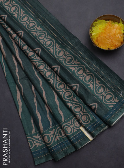 Semi tussar saree dark green with allover stripes pattern and kantha stitch work border