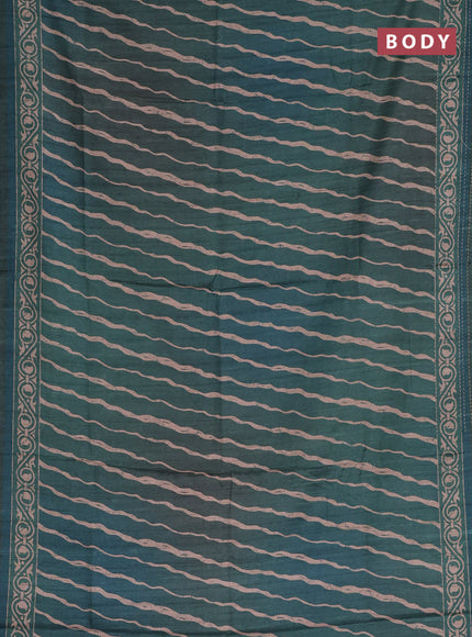 Semi tussar saree dark green with allover stripes pattern and kantha stitch work border