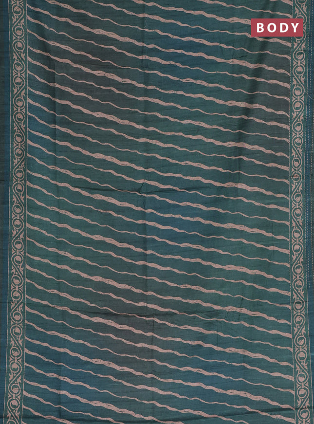 Semi tussar saree dark green with allover stripes pattern and kantha stitch work border