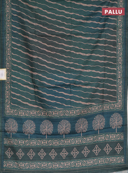 Semi tussar saree dark green with allover stripes pattern and kantha stitch work border