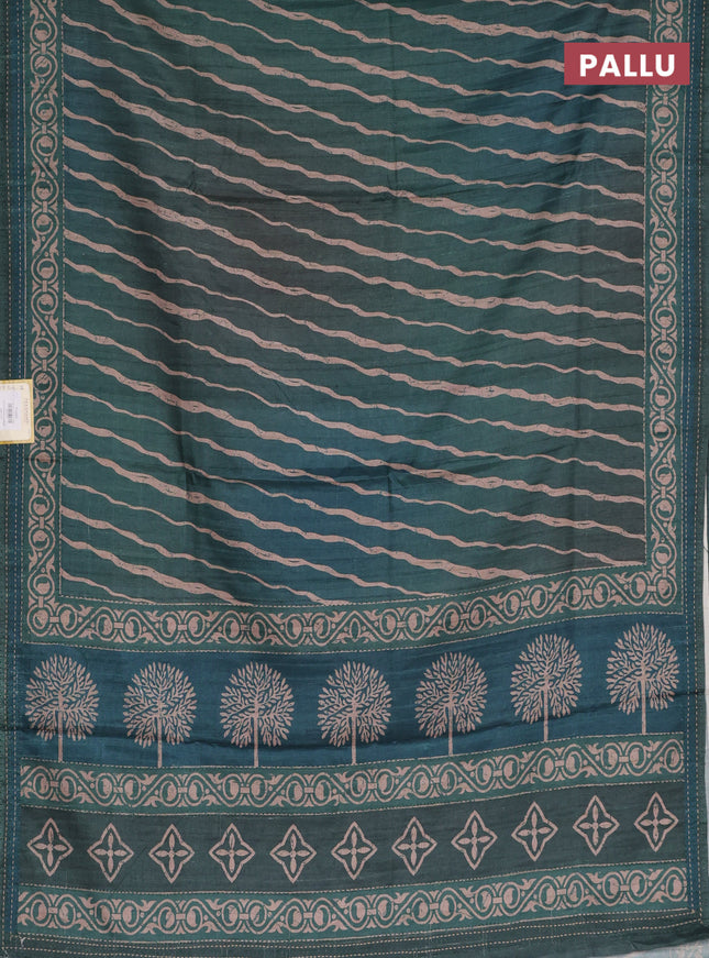 Semi tussar saree dark green with allover stripes pattern and kantha stitch work border