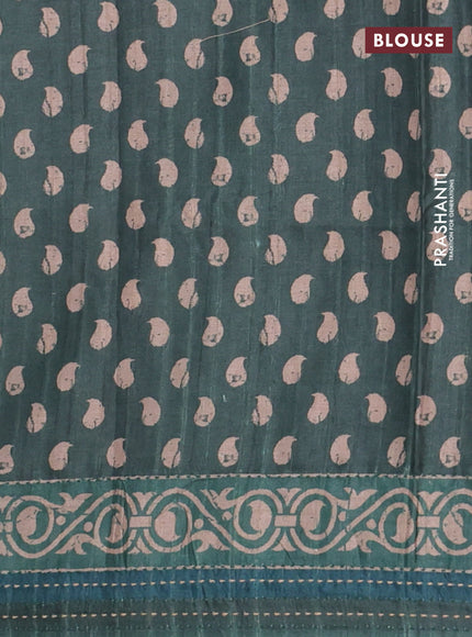 Semi tussar saree dark green with allover stripes pattern and kantha stitch work border