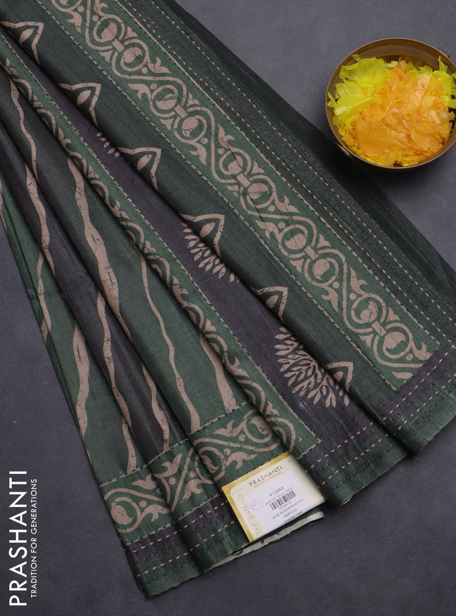 Semi tussar saree dark green with allover stripes pattern and kantha stitch work border