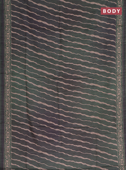 Semi tussar saree dark green with allover stripes pattern and kantha stitch work border
