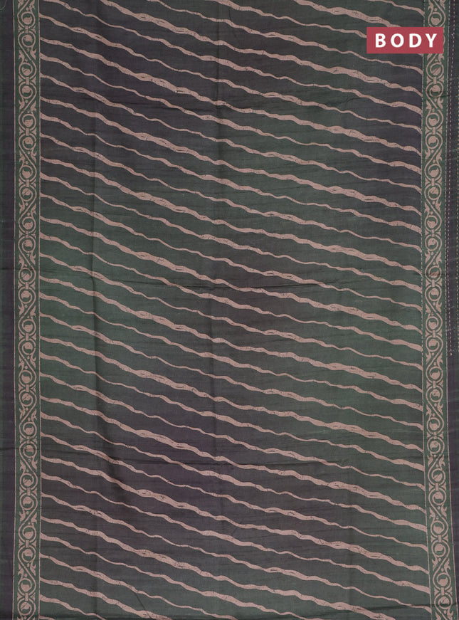 Semi tussar saree dark green with allover stripes pattern and kantha stitch work border