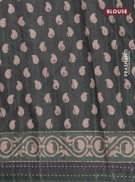Semi tussar saree dark green with allover stripes pattern and kantha stitch work border
