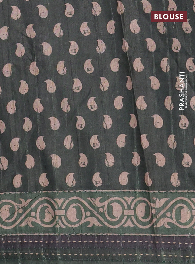 Semi tussar saree dark green with allover stripes pattern and kantha stitch work border