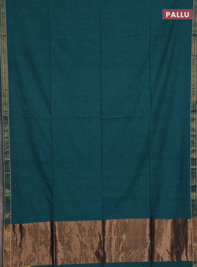 Bengal soft cotton saree teal green and deep maroon with plain body and zari woven border
