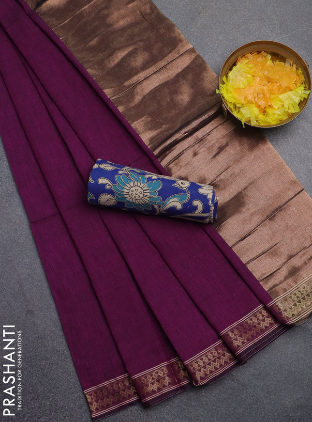Bengal soft cotton saree purple and blue with plain body and zari woven border