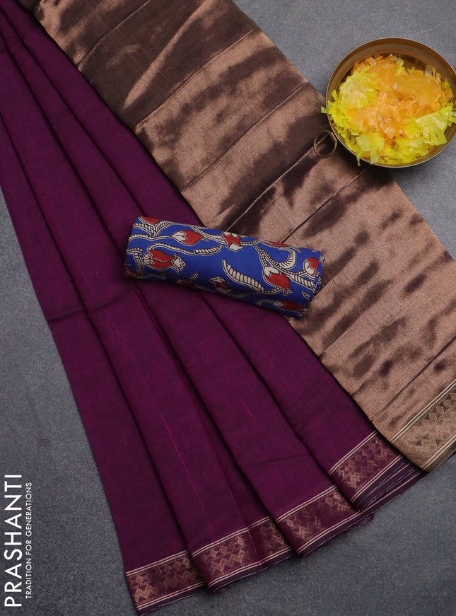 Bengal soft cotton saree purple and blue with plain body and zari woven border