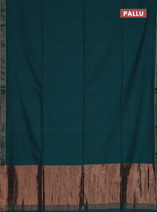 Bengal soft cotton saree peacock green and maroon with plain body and zari woven border