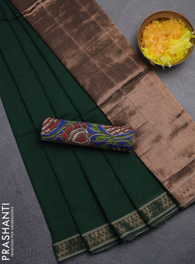 Bengal soft cotton saree bottle green and blue with plain body and zari woven border