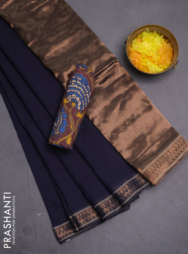 Bengal soft cotton saree navy blue and brown with plain body and zari woven border