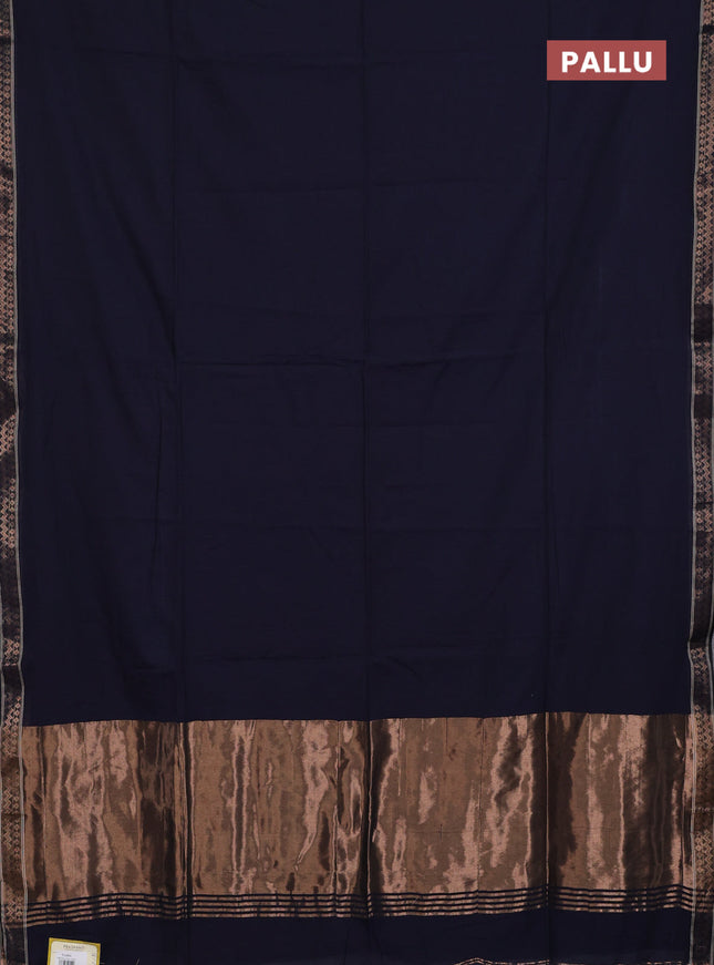 Bengal soft cotton saree navy blue and brown with plain body and zari woven border
