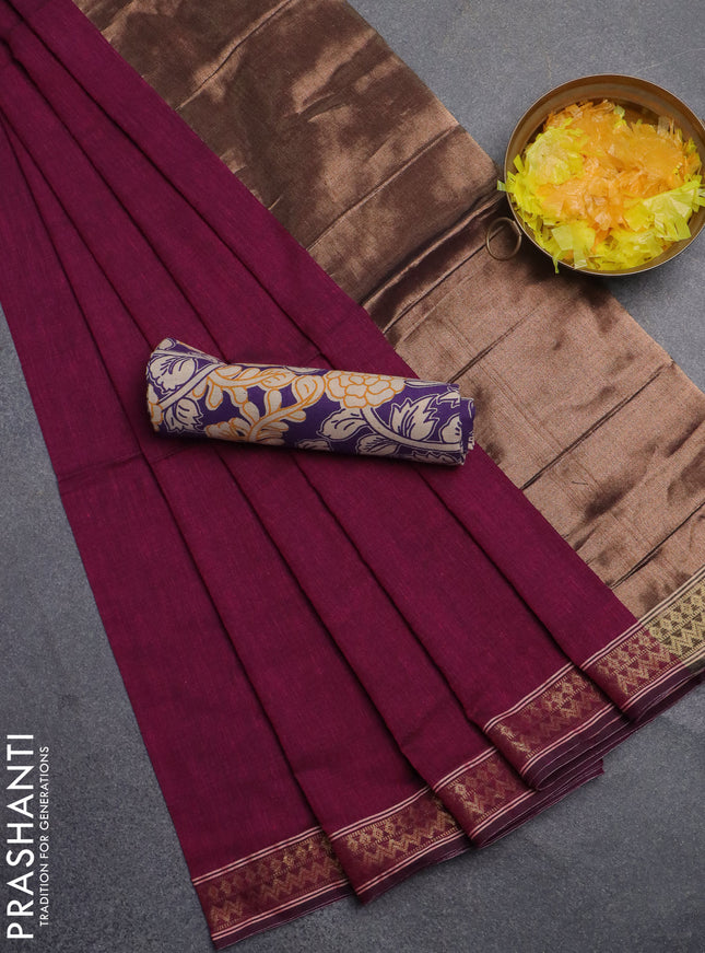 Bengal soft cotton saree dark magenta pink and violet with plain body and zari woven border