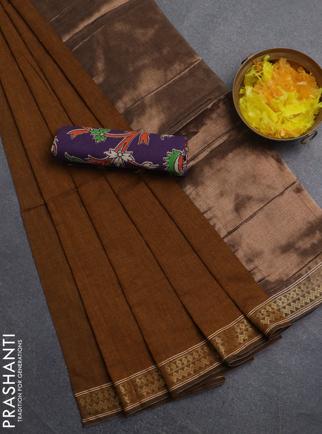 Bengal soft cotton saree dark mustard and violet with plain body and zari woven border