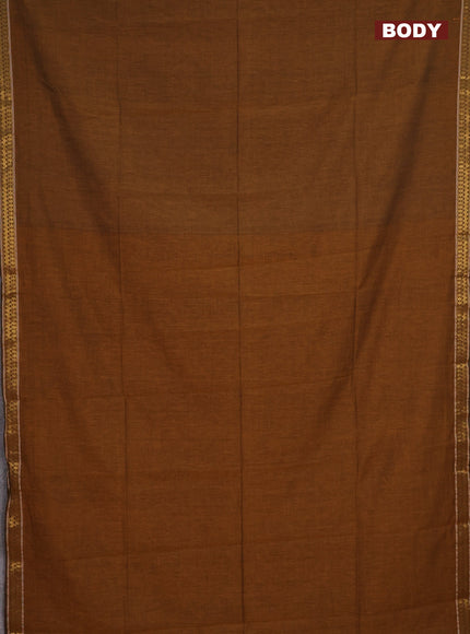 Bengal soft cotton saree dark mustard and violet with plain body and zari woven border