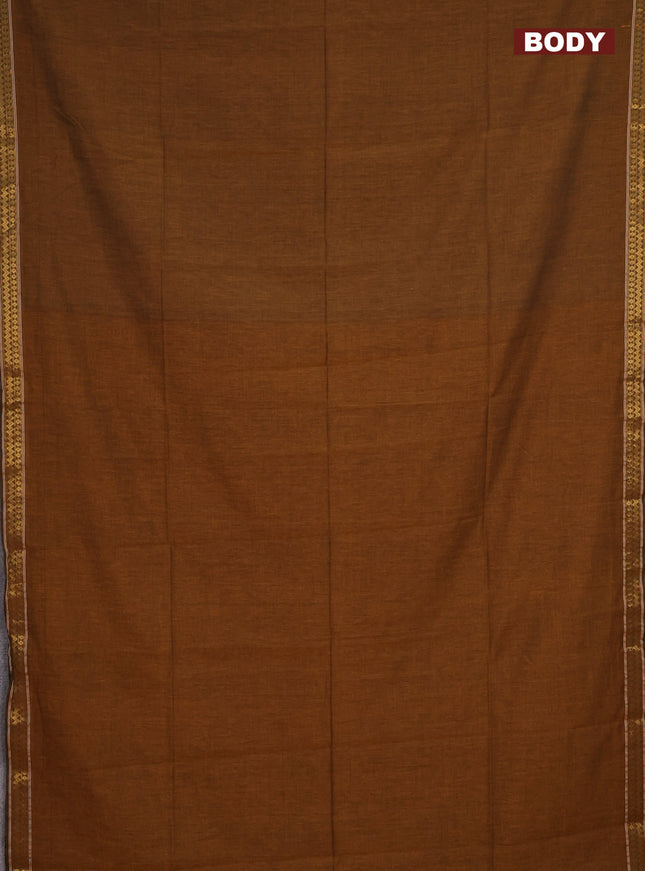 Bengal soft cotton saree dark mustard and violet with plain body and zari woven border