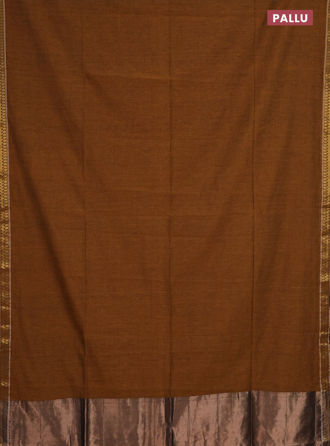 Bengal soft cotton saree dark mustard and violet with plain body and zari woven border