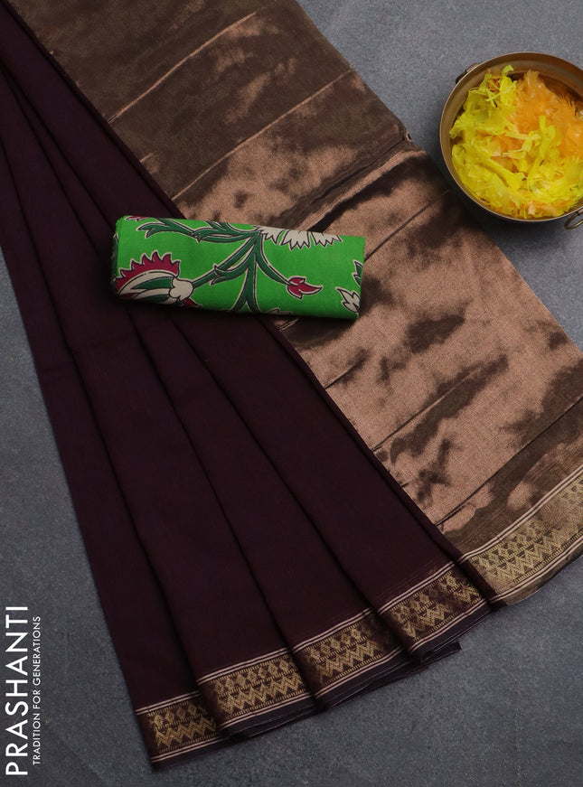 Bengal soft cotton saree deep wine shade and light green with plain body and zari woven border