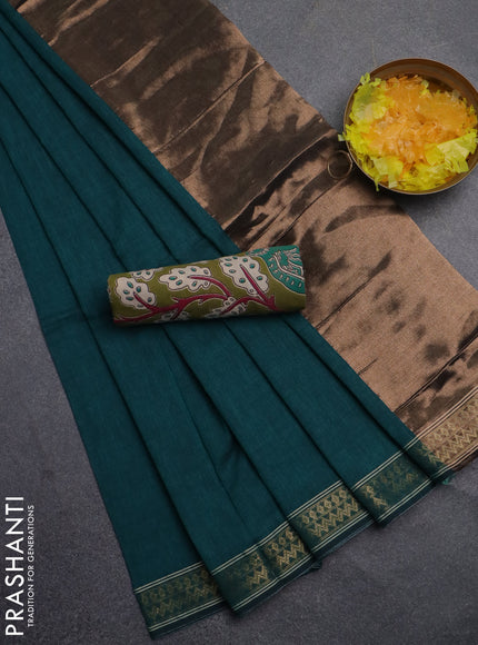 Bengal soft cotton saree teal green and sap green with plain body and zari woven border