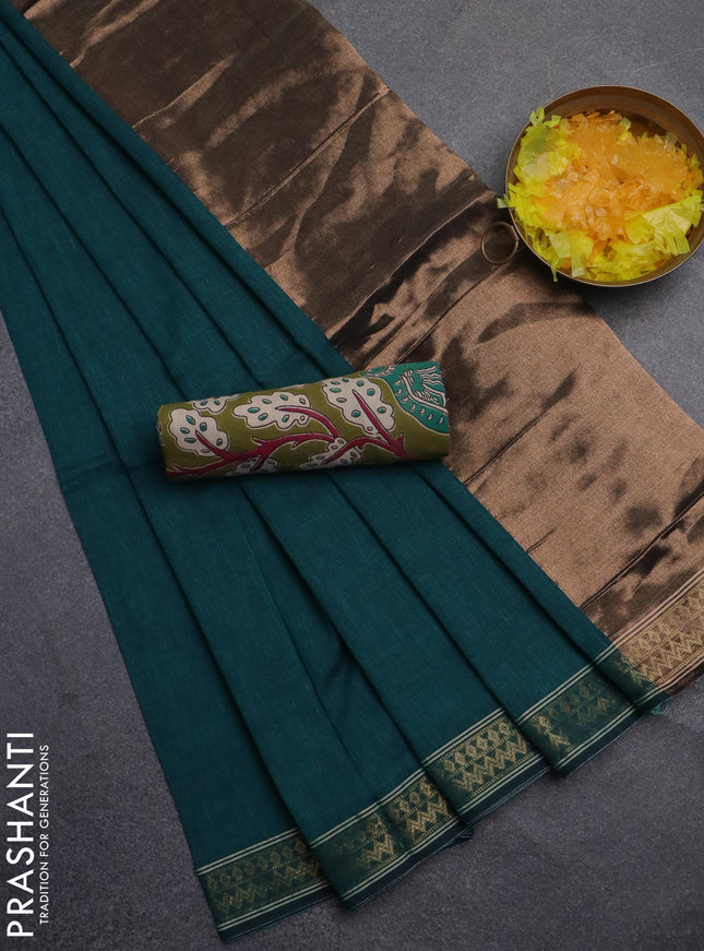 Bengal soft cotton saree teal green and sap green with plain body and zari woven border