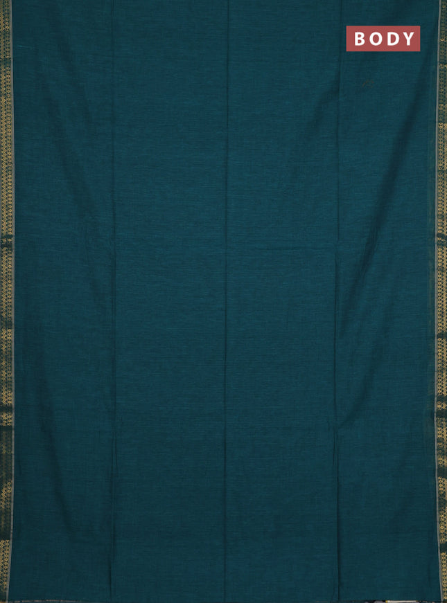 Bengal soft cotton saree teal green and sap green with plain body and zari woven border