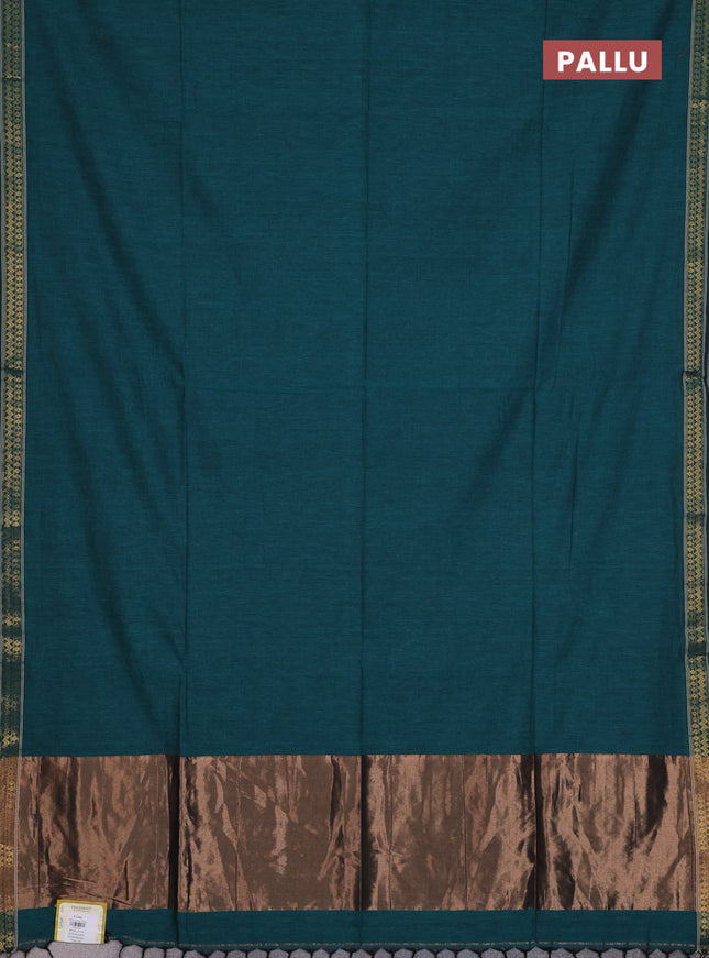Bengal soft cotton saree teal green and sap green with plain body and zari woven border