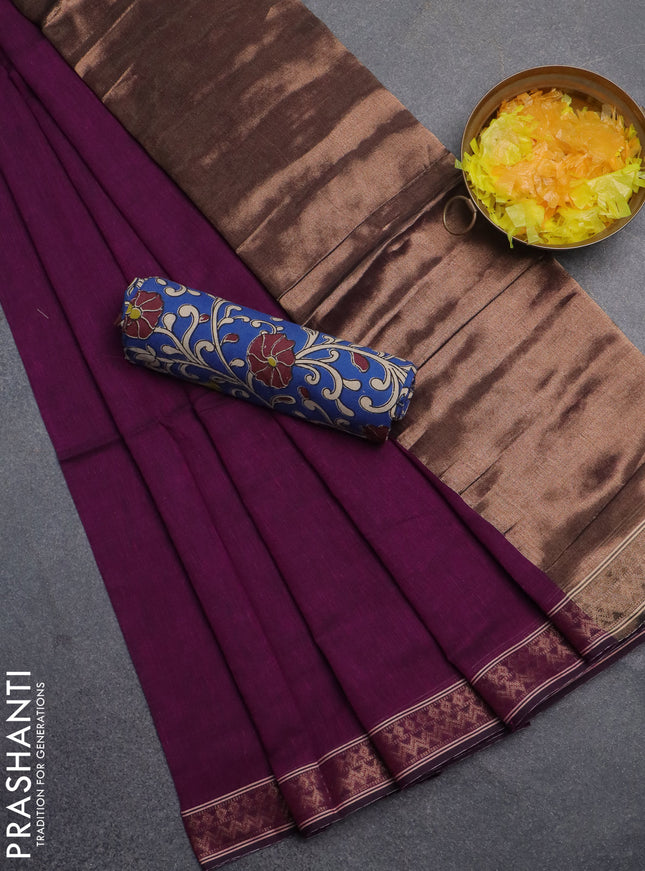 Bengal soft cotton saree purple and blue with plain body and zari woven border