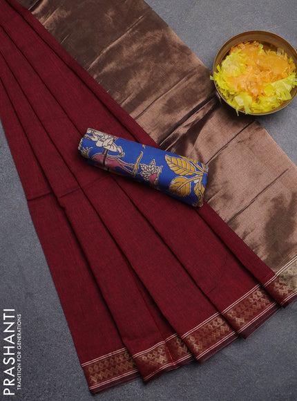 Bengal soft cotton saree maroon and blue with plain body and zari woven border