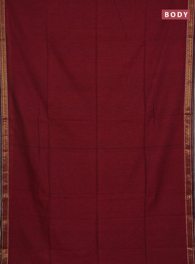 Bengal soft cotton saree maroon and blue with plain body and zari woven border
