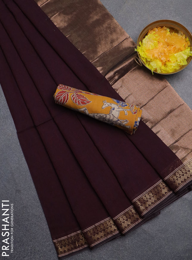 Bengal soft cotton saree wine shade and mustard yellow with plain body and zari woven border