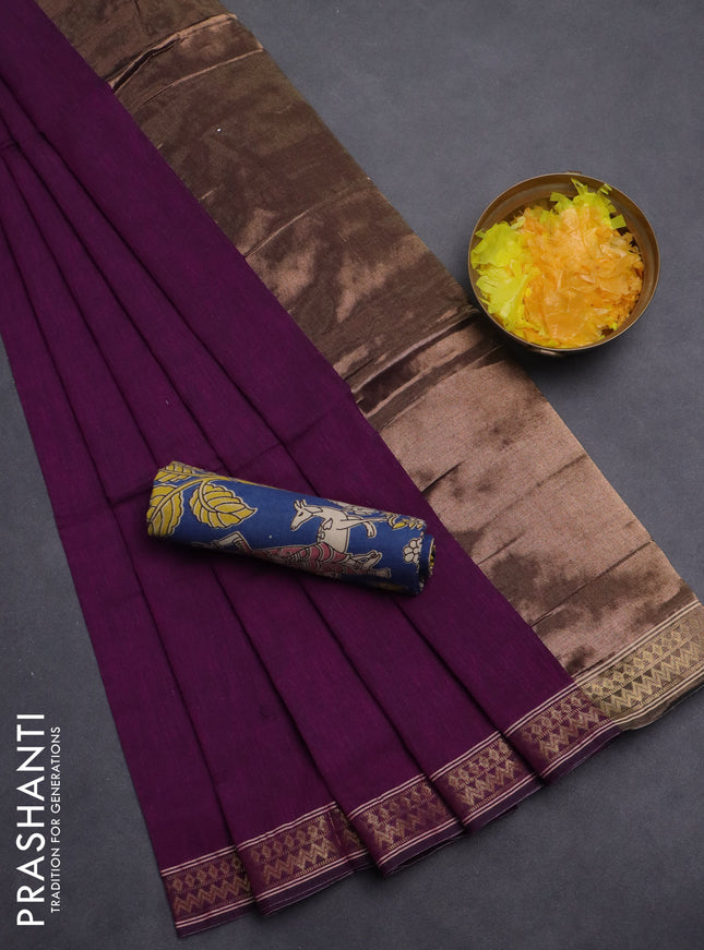 Bengal soft cotton saree purple and blue with plain body and zari woven border