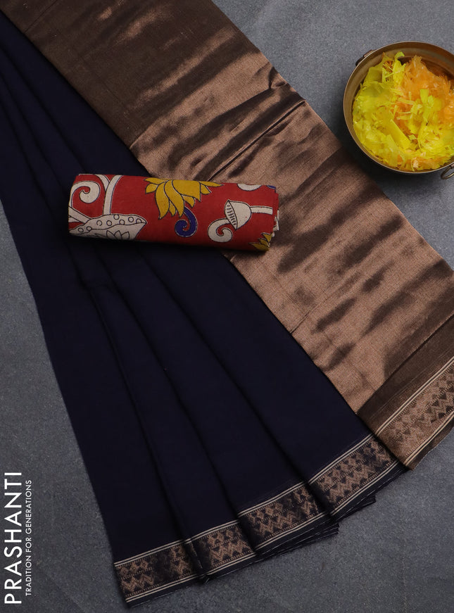 Bengal soft cotton saree navy blue and red with plain body and zari woven border