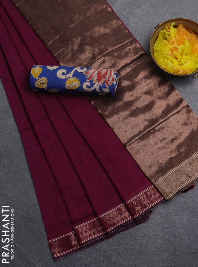 Bengal soft cotton saree dark magenta pink and blue with plain body and zari woven border