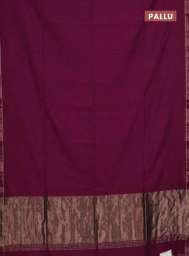 Bengal soft cotton saree dark magenta pink and blue with plain body and zari woven border